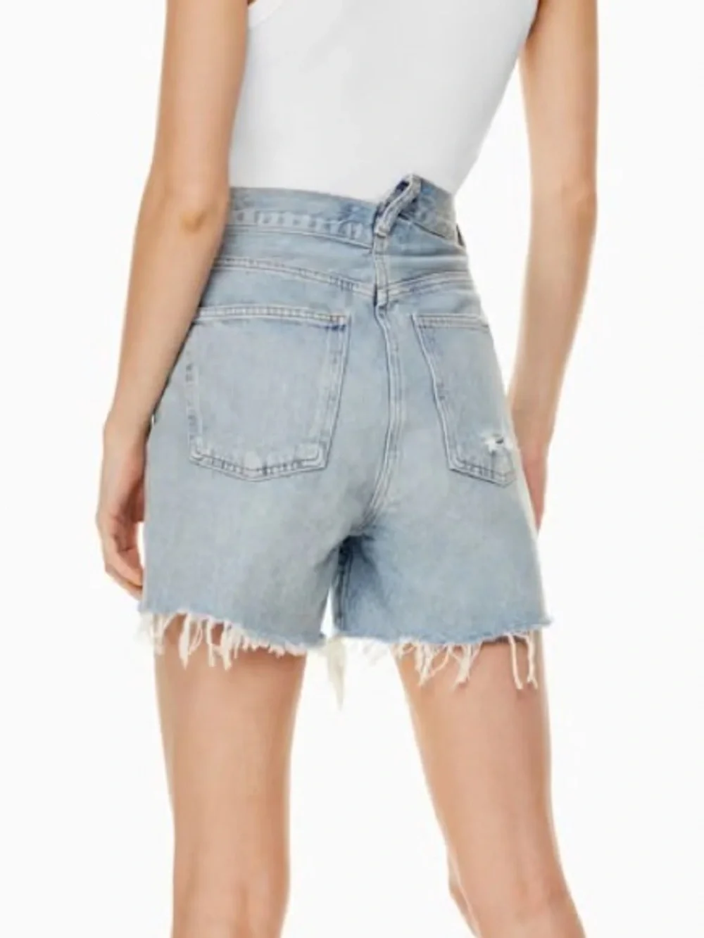 AGOLDE CRISS CROSS FRAYED HEM BLUE JEAN SHORTS - Picture 9 of 9